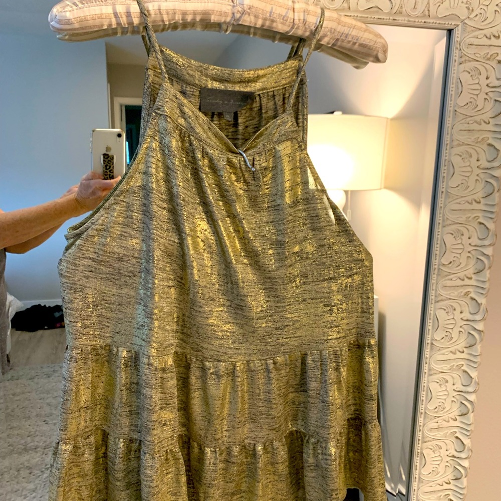 Shiny metallic dressy tank top by Anthropologie. Cute noodle straps. Size XL.